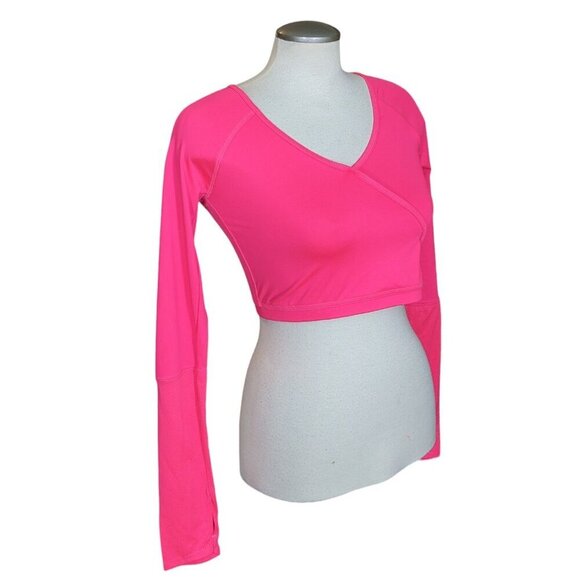 Champion NEW Cropped Top Girls XL 14 Hot Pink Faux Wrap Surplice Long Sleeve - Picture 2 of 9